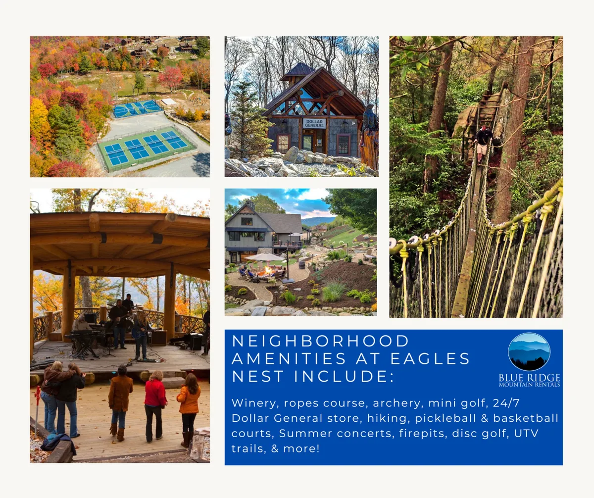 A vibrant exterior scene featuring an outdoor stage, a wooden gazebo, lush recreational courts, and winding hiking trails set against the backdrop of the scenic Blue Ridge Mountains. Families and groups can be seen enjoying a variety of activities, from live music events and mini golf to relaxing by the firepits.